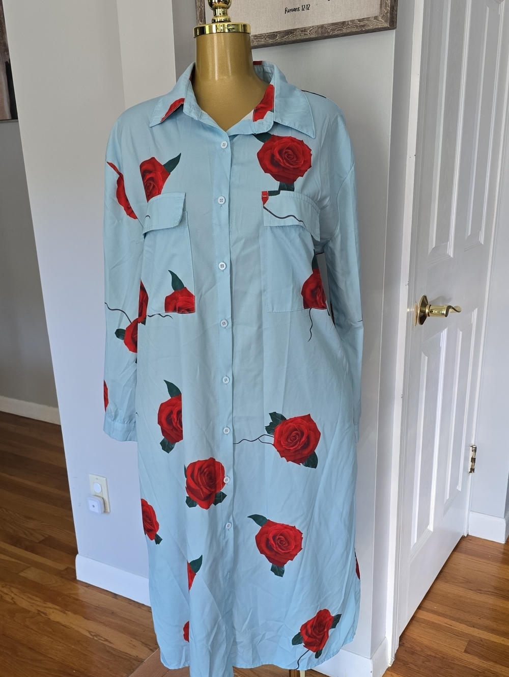 Light Blue Rose Print Button-Down Shirt Dress